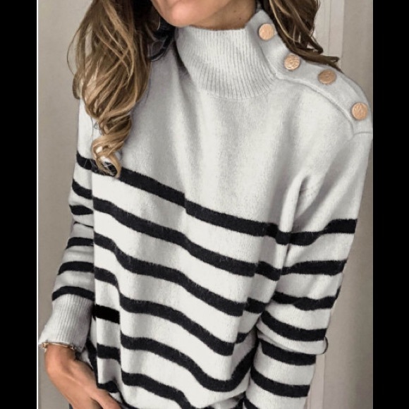 Long Sleeve Knitted Turtleneck Button Kneck decor Light Grey Striped Sweater - Picture 3 of 8